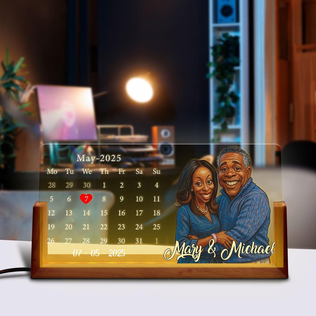 Custom Anniversary Date LED Lamp, Night Light Wedding Gift, Personalized Cartoon Calendar Night Light with Couple Por...