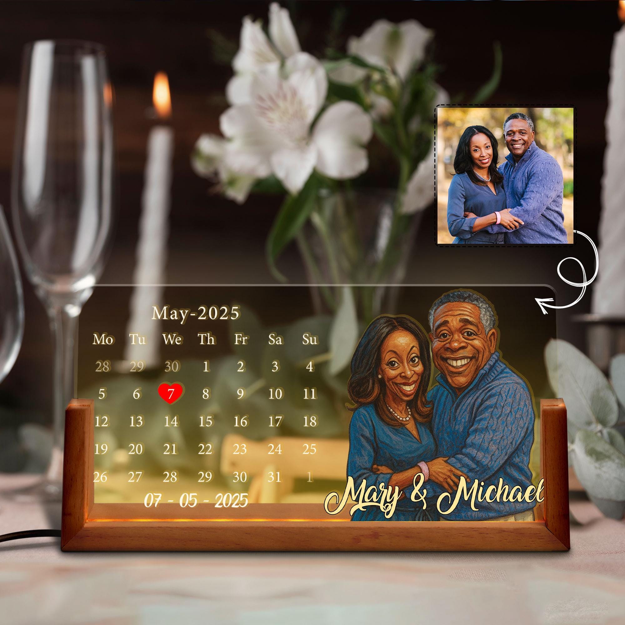 Custom Anniversary Date LED Lamp, Night Light Wedding Gift, Personalized Cartoon Calendar Night Light with Couple Por...