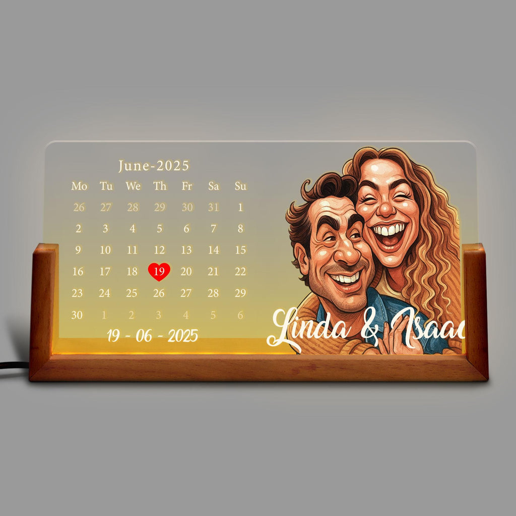 Custom Cartoon Portrait Calendar Night Light, Personalized LED Date Lamp with Couple Illustration, Gift for Anniversa...