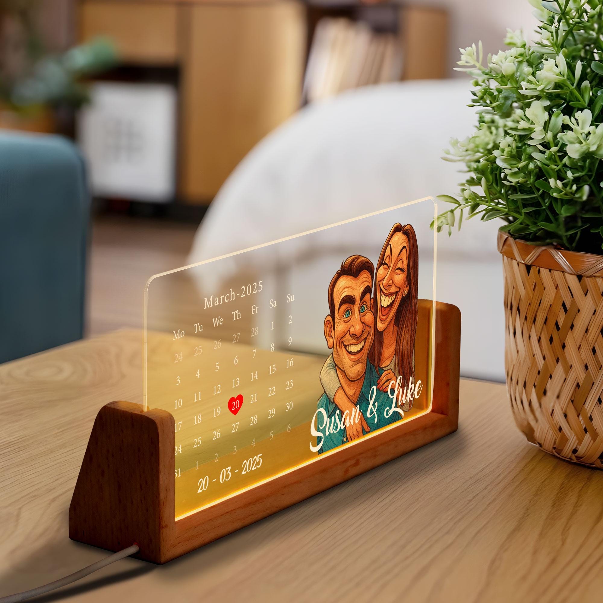 Custom Cartoon Portrait Calendar Night Light, Gift for Anniversary or Valentine’s Day, Personalized LED Date Lamp wit...
