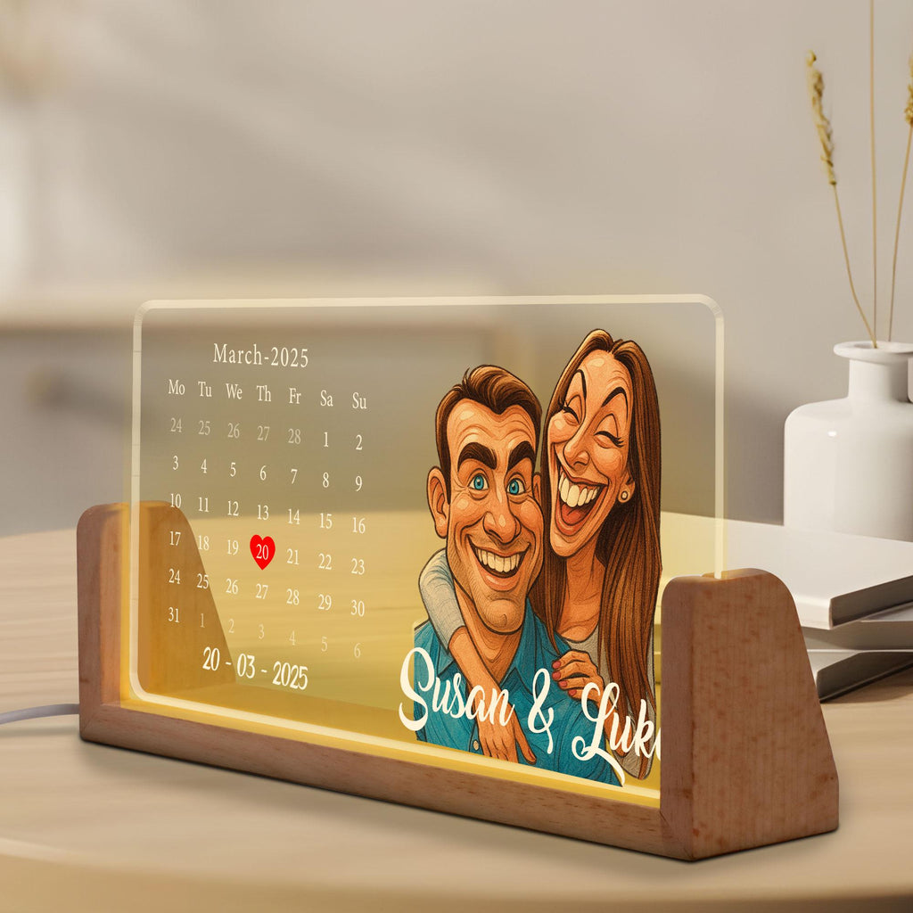 Custom Cartoon Portrait Calendar Night Light, Gift for Anniversary or Valentine’s Day, Personalized LED Date Lamp wit...