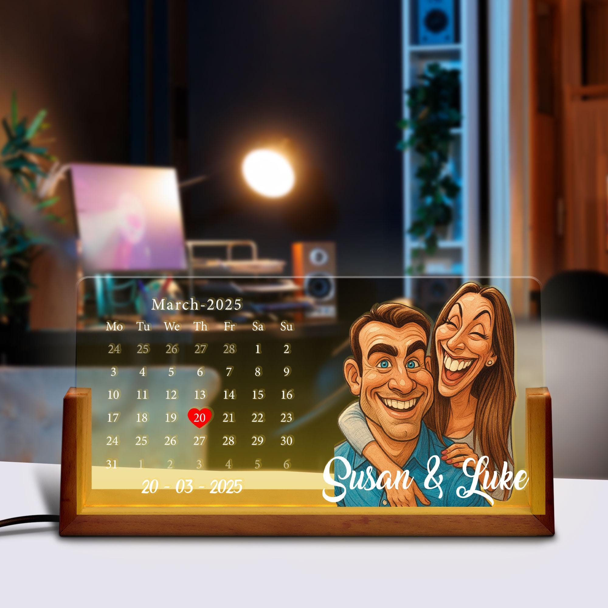 Custom Cartoon Portrait Calendar Night Light, Gift for Anniversary or Valentine’s Day, Personalized LED Date Lamp wit...