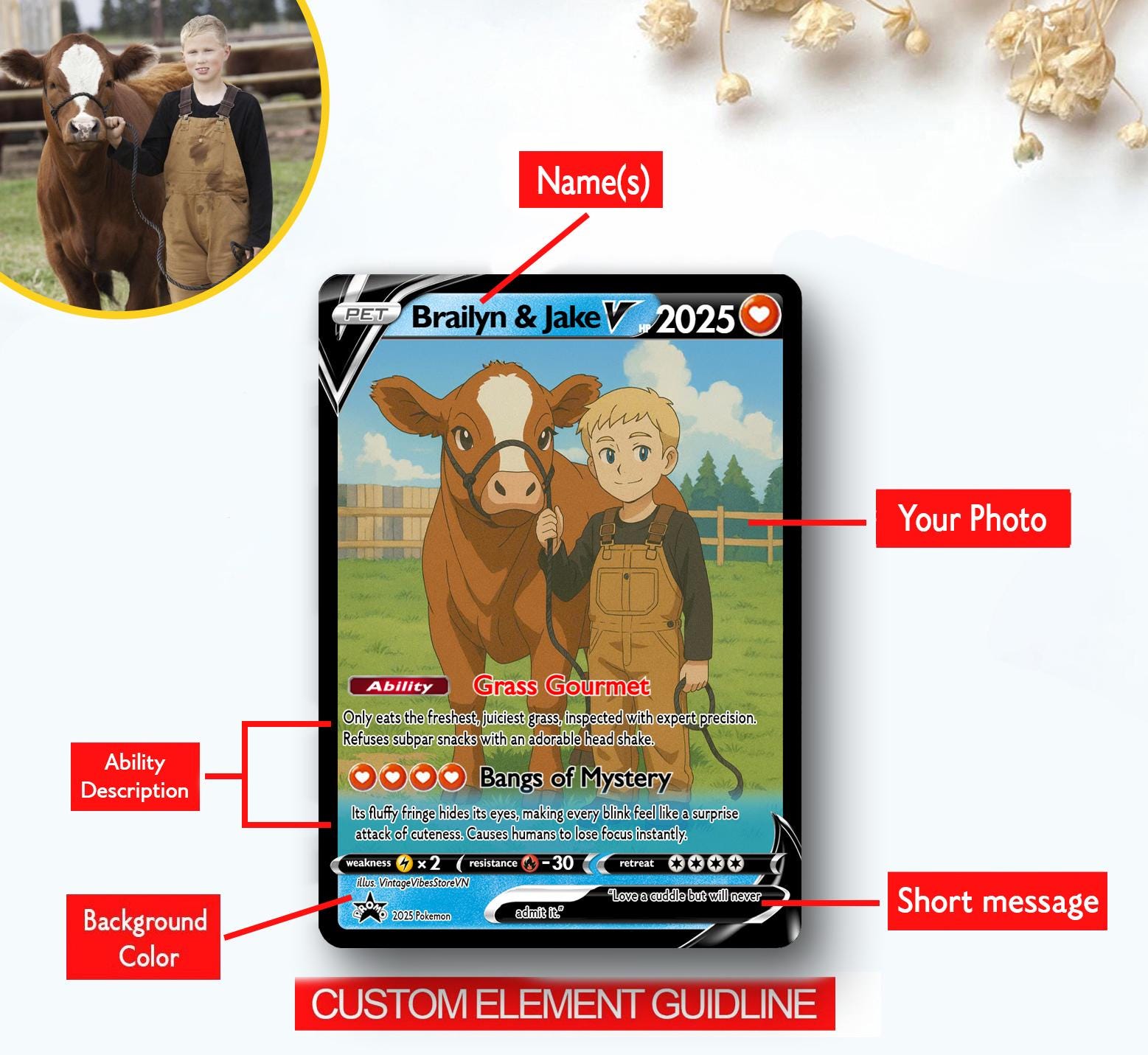 Personalized Farm Animal Pokemon Card, Photo Art Card, Custom Your Pet as a Pokemon Card, Highland Cow, Chicken, Anim...
