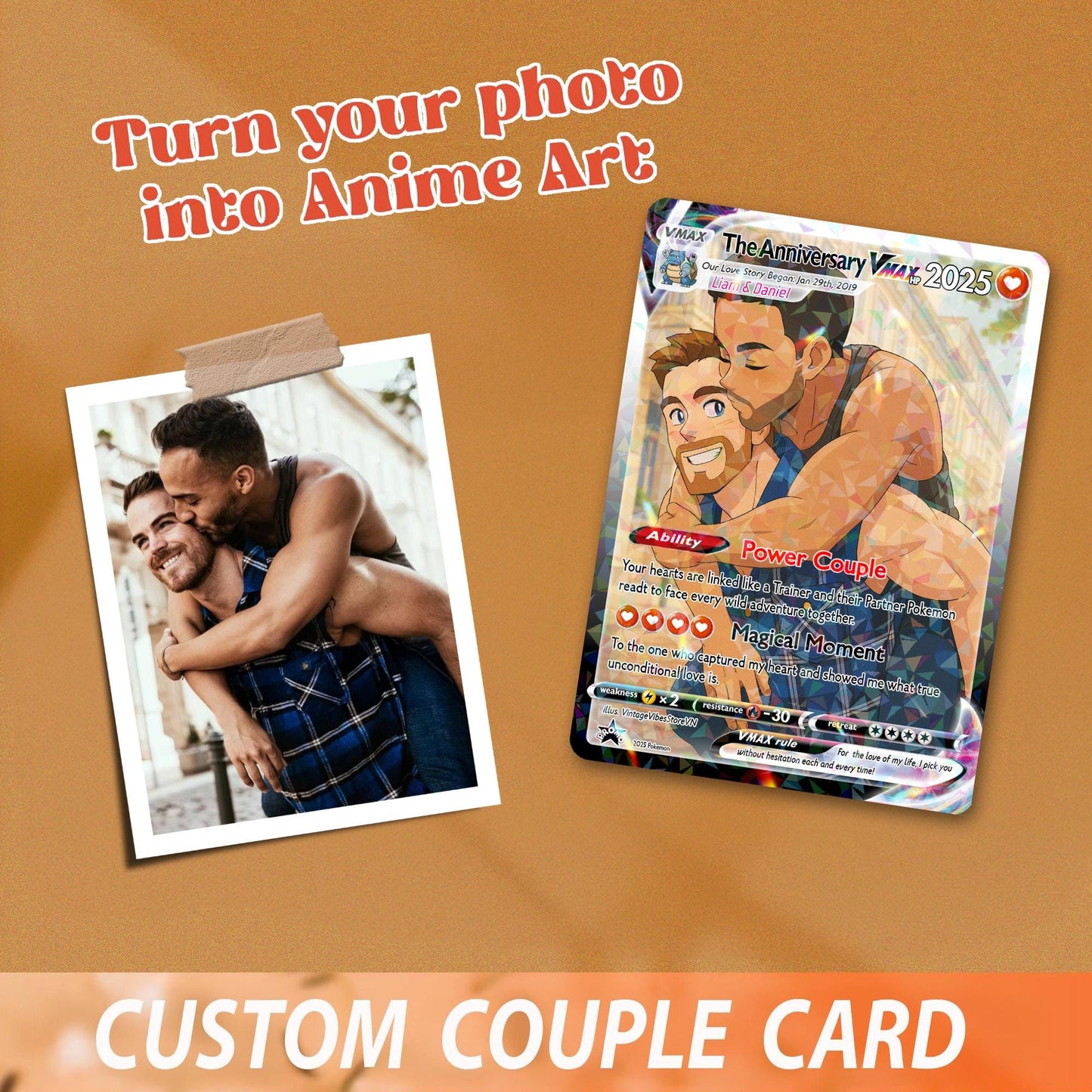 Personalized Anniversary Card, Custom Photo Pokemon Card, LGBT Couple Gift, Anime Wedding Card, Custom Card for Coupl...