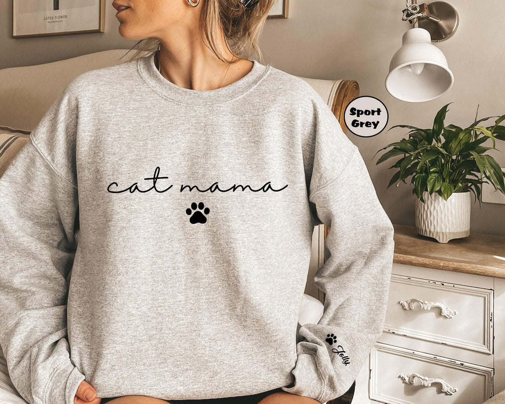 Personalized Cat Mama Sweatshirt With Cat Name, Custom Cat Mom Hoodie, Cute Cat Mommy Outfit, Cat Owner Clothing, Hap...