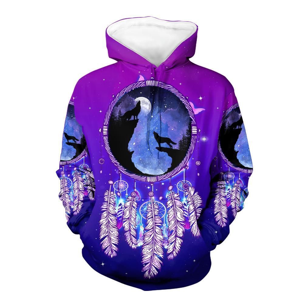 Wolves Dream Catcher Purple Galaxy Unisex 3D Hoodie All Over Print