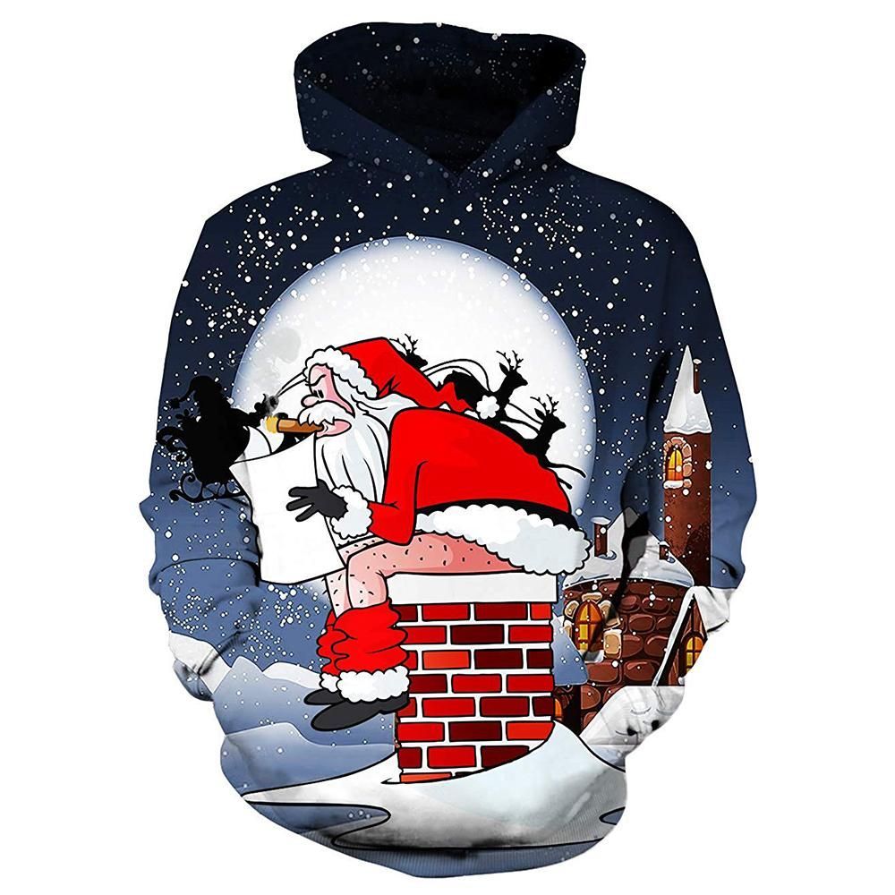 Santas Shit On Chimney Christmas Blue Amazing Unisex 3D Hoodie All Over Print