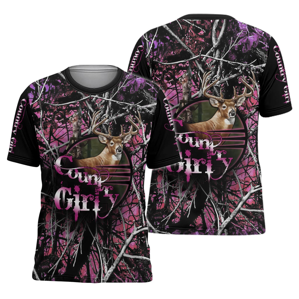 Country Girl Deer Hunting Black & Purple Shade graphic t-shirt, unisex cotton tee