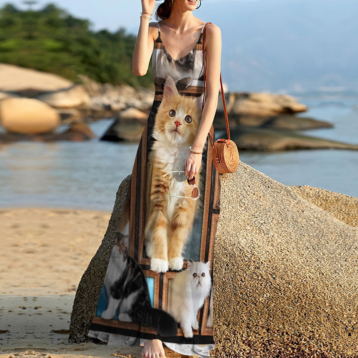 Cat Cute Cats Custom Picnic Heated Sleeveless Maxi Dress | Women Summer Dress | Sundress