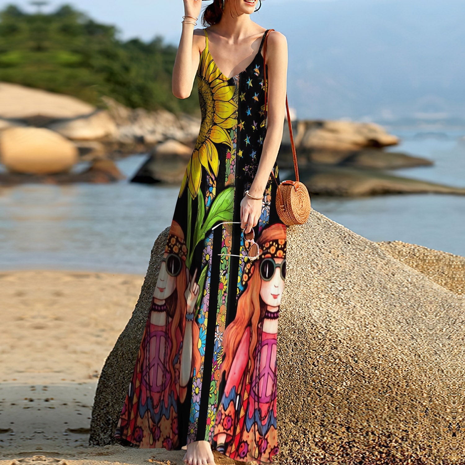 Hippie Girl Sunflower Sleeveless Maxi Dress | Women Summer Dress | Sundress