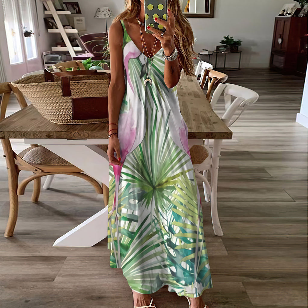 Flamingo In Jungle Sleeveless Maxi Dress | Women Summer Dress | Sundress