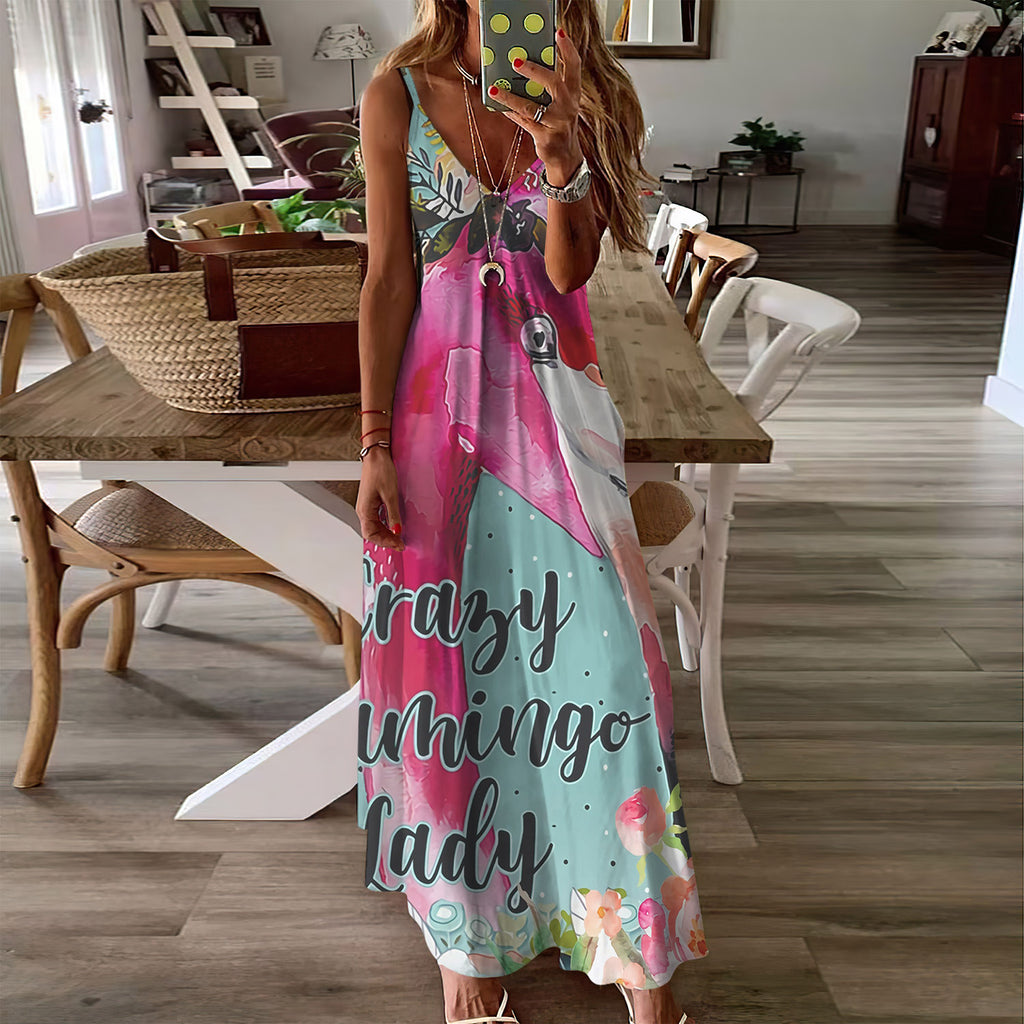 Flamingo Flower Sleeveless Maxi Dress | Women Summer Dress | Sundress