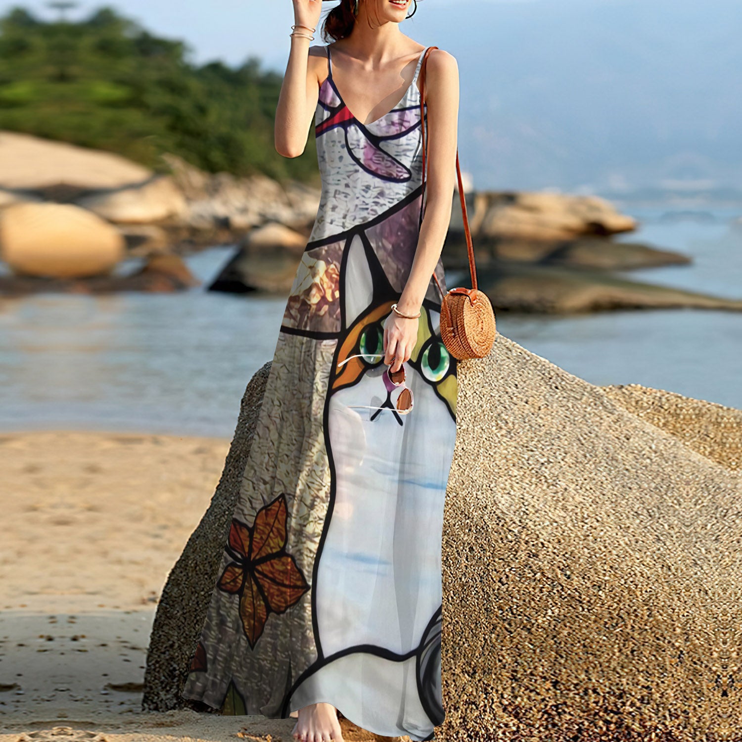 Cat Dragonfly Stained Glass Sleeveless Maxi Dress | Women Summer Dress | Sundress