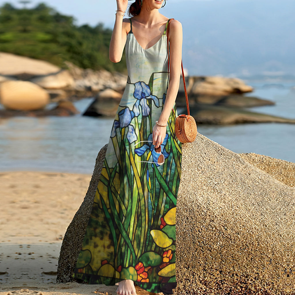 Dragonfly Stained Glass Stunning Flower Sleeveless Maxi Dress | Women Summer Dress | Sundress