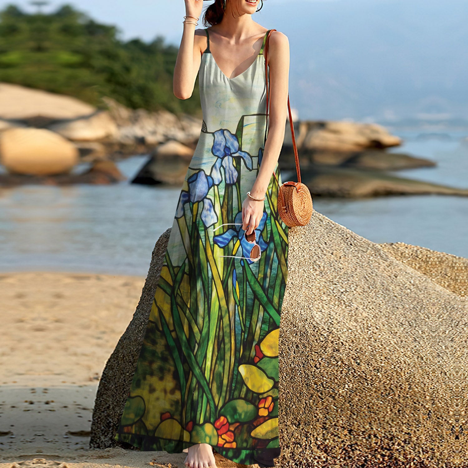 Dragonfly Stained Glass Stunning Flower Sleeveless Maxi Dress | Women Summer Dress | Sundress