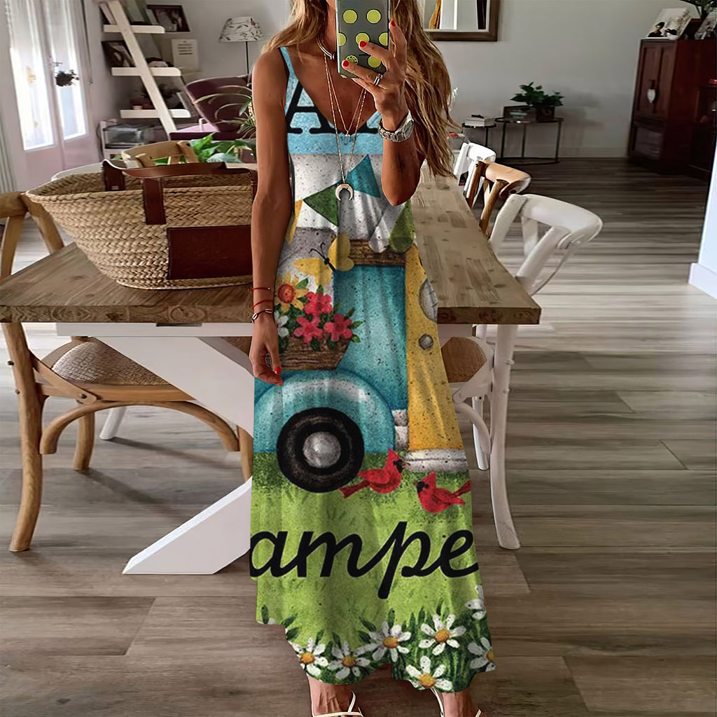 Camping Happy Camper Sleeveless Maxi Dress | Women Summer Dress | Sundress