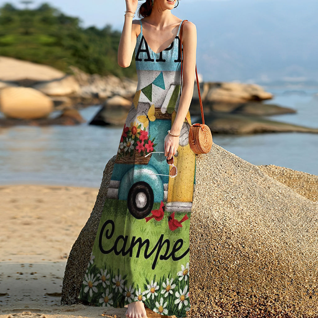 Camping Happy Camper Sleeveless Maxi Dress | Women Summer Dress | Sundress